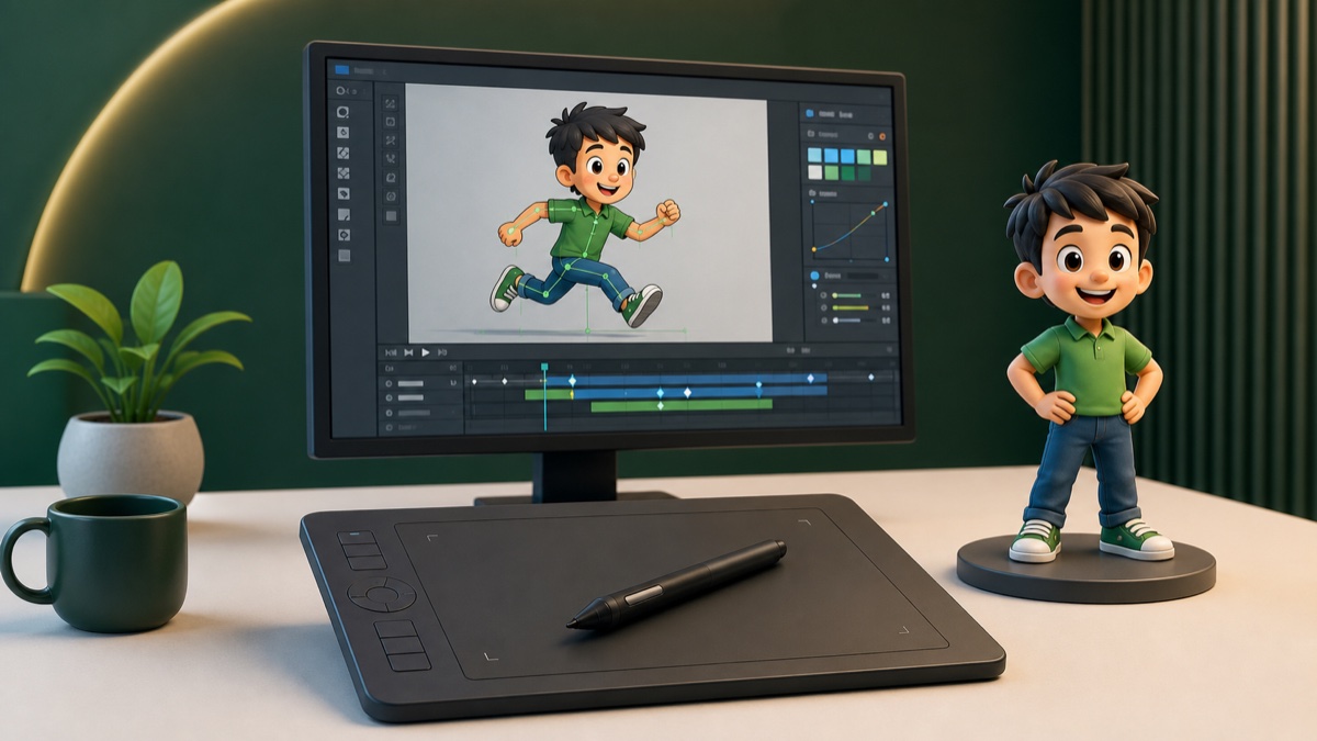 Animation workstation with a character being animated on screen