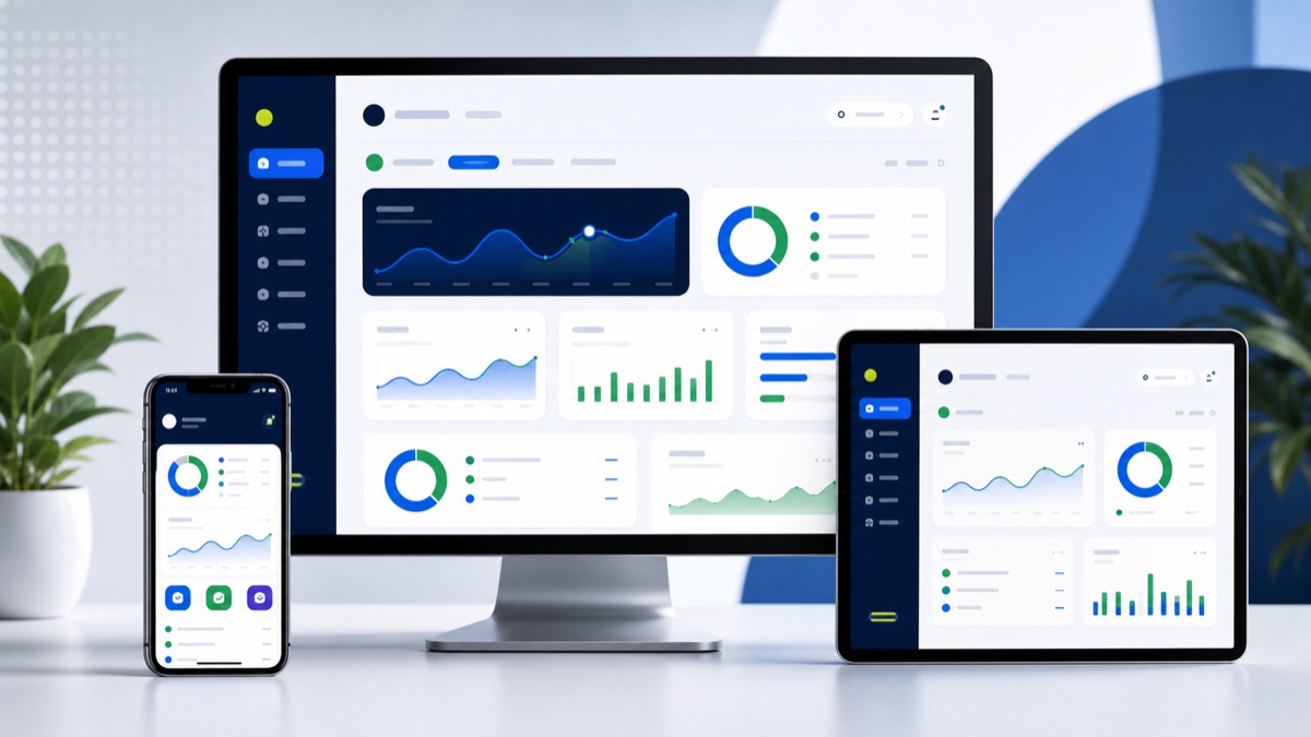 Responsive digital product shown on desktop, tablet and mobile