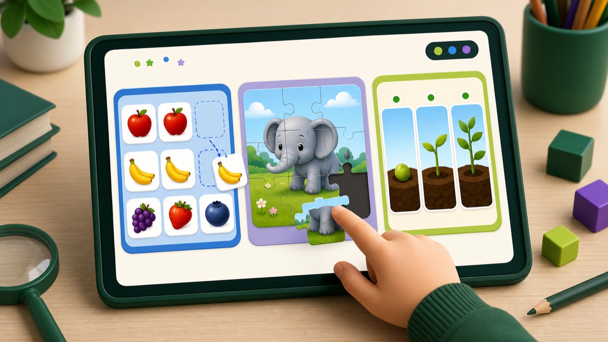 Tablet showing matching, puzzle and sequencing learning activities