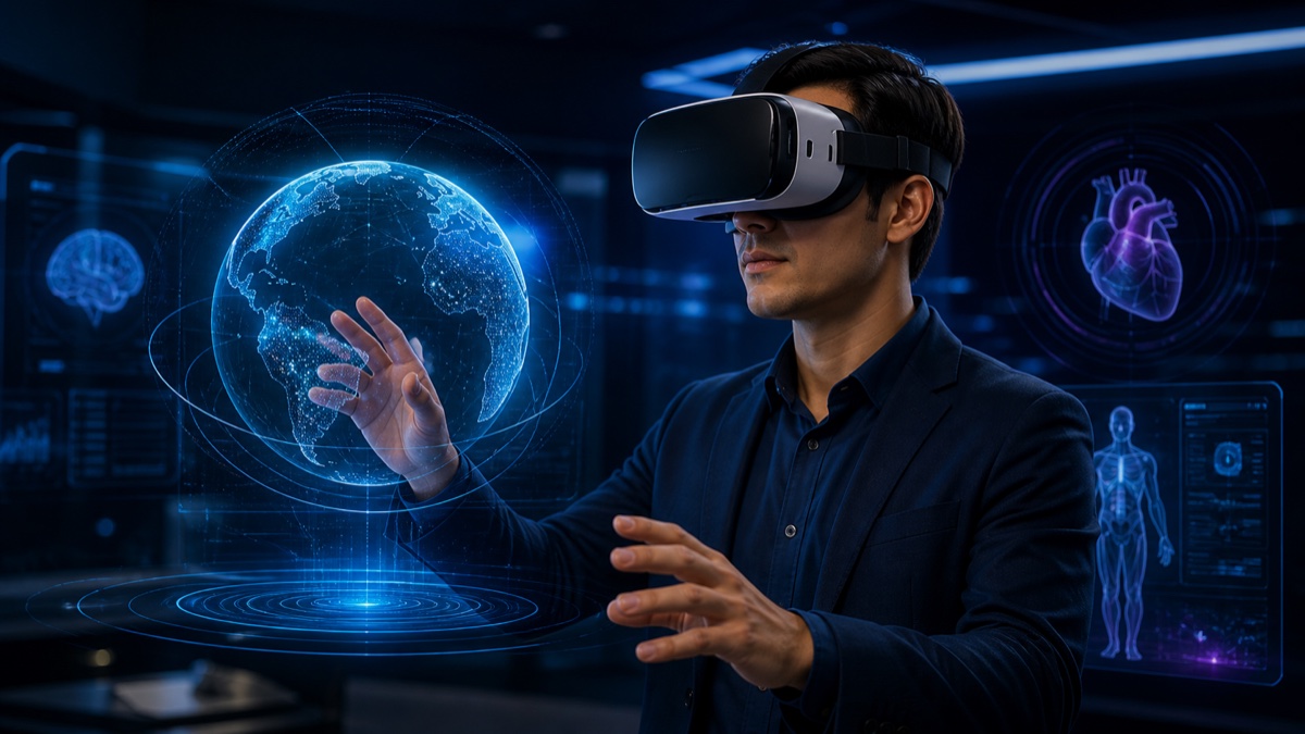 Professional exploring an immersive virtual reality simulation